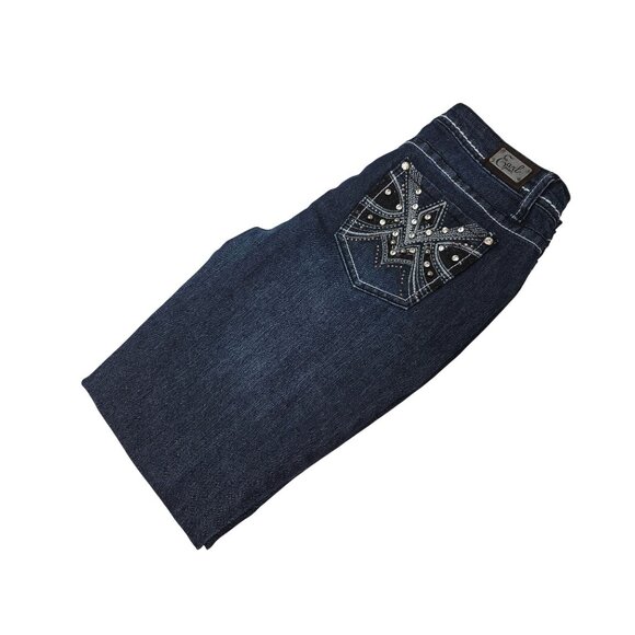 Earl Jean Women's Dark Wash Embellished Pocket Jeans Size 4 Blue Straight Leg - Picture 3 of 7